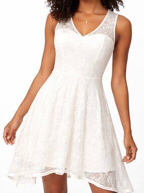 Meetjen White Lace Asymmetrical Fit & Flare Dress | Large